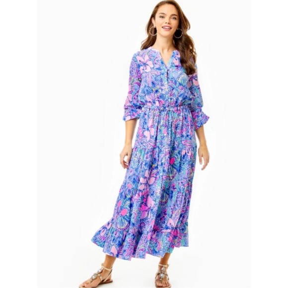 Lilly Pulitzer Cori Shirtdress Womens Size 2 Midi Pop Up Got Your Back Blue Pink